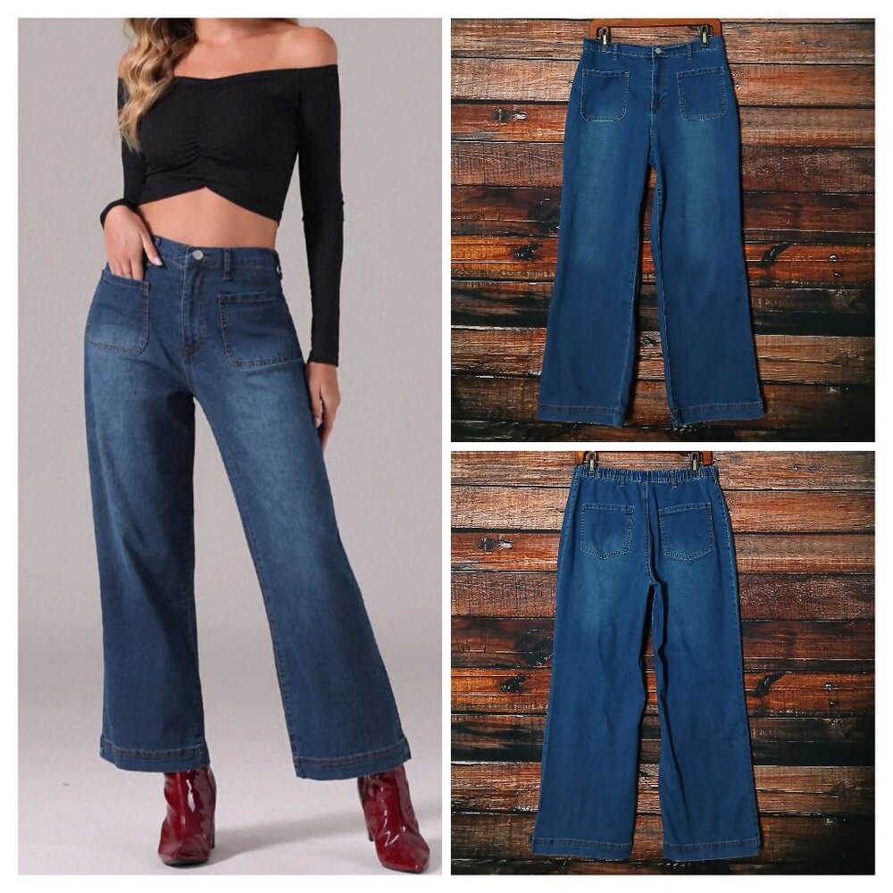 Allegra K Jeans M Wide Leg Crop High Rise Patch Pockets Blue Denim Elastic Waist
